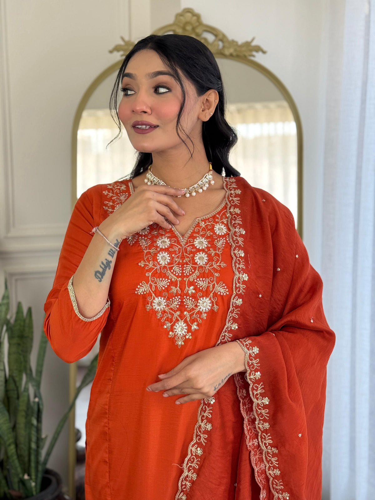 The52 Women's Beautiful Viscose Chinon Embroidered Straight Kurta with Pant And Dupatta Set | Grocsy