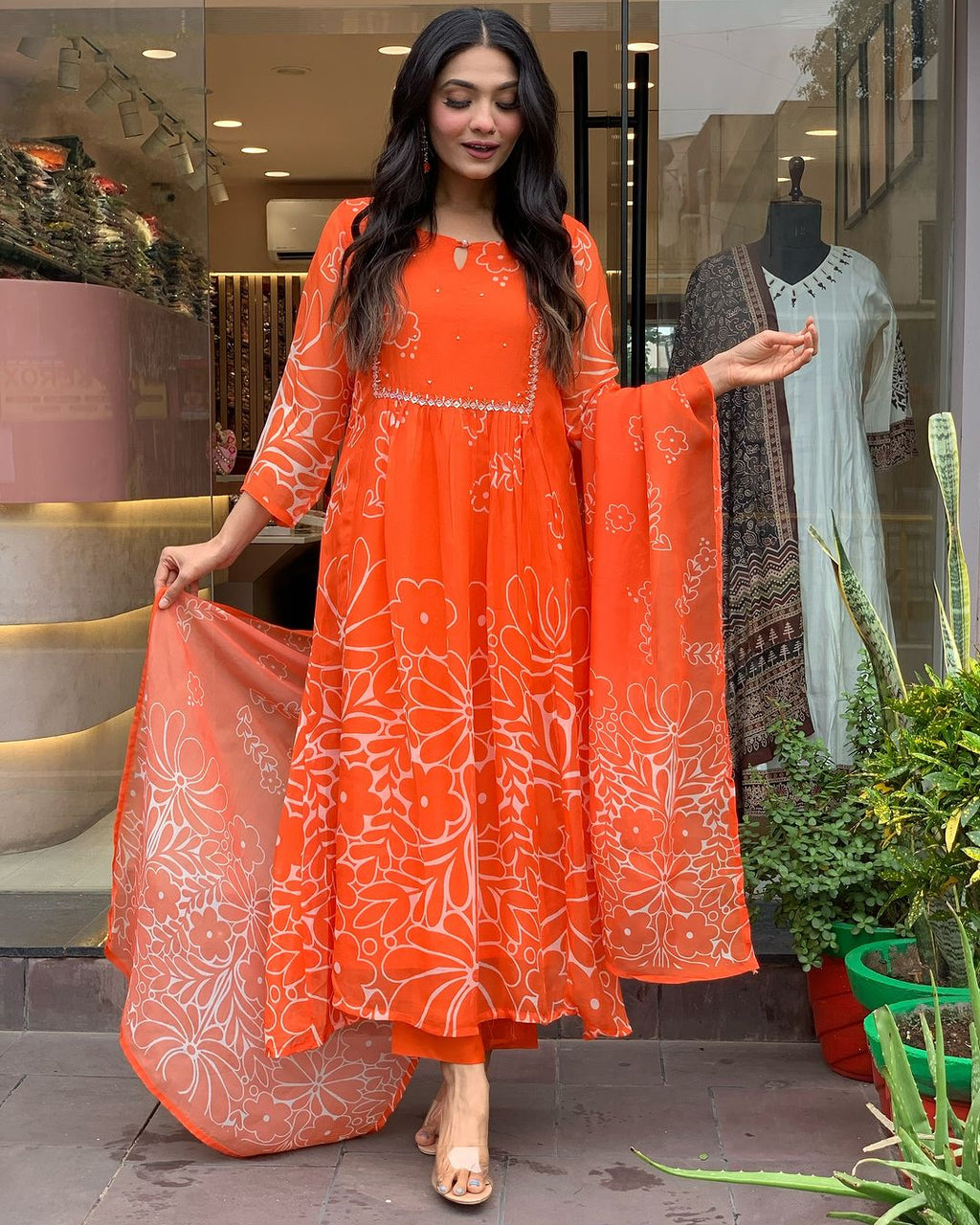 Teeya Creation Orange Color Faux Georgette With Digital Print And Embroidery Work Fully Stitched Kurti Set | Grocsy