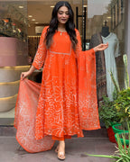 Teeya Creation Orange Color Faux Georgette With Digital Print And Embroidery Work Fully Stitched Kurti Set | Grocsy