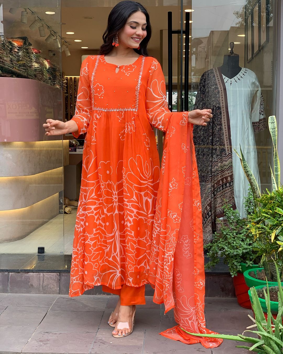 Teeya Creation Orange Color Faux Georgette With Digital Print And Embroidery Work Fully Stitched Kurti Set | Grocsy