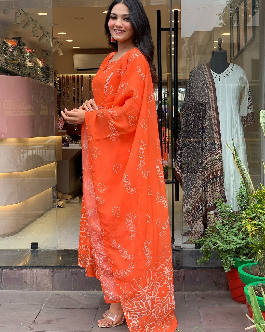Teeya Creation Orange Color Faux Georgette With Digital Print And Embroidery Work Fully Stitched Kurti Set | Grocsy