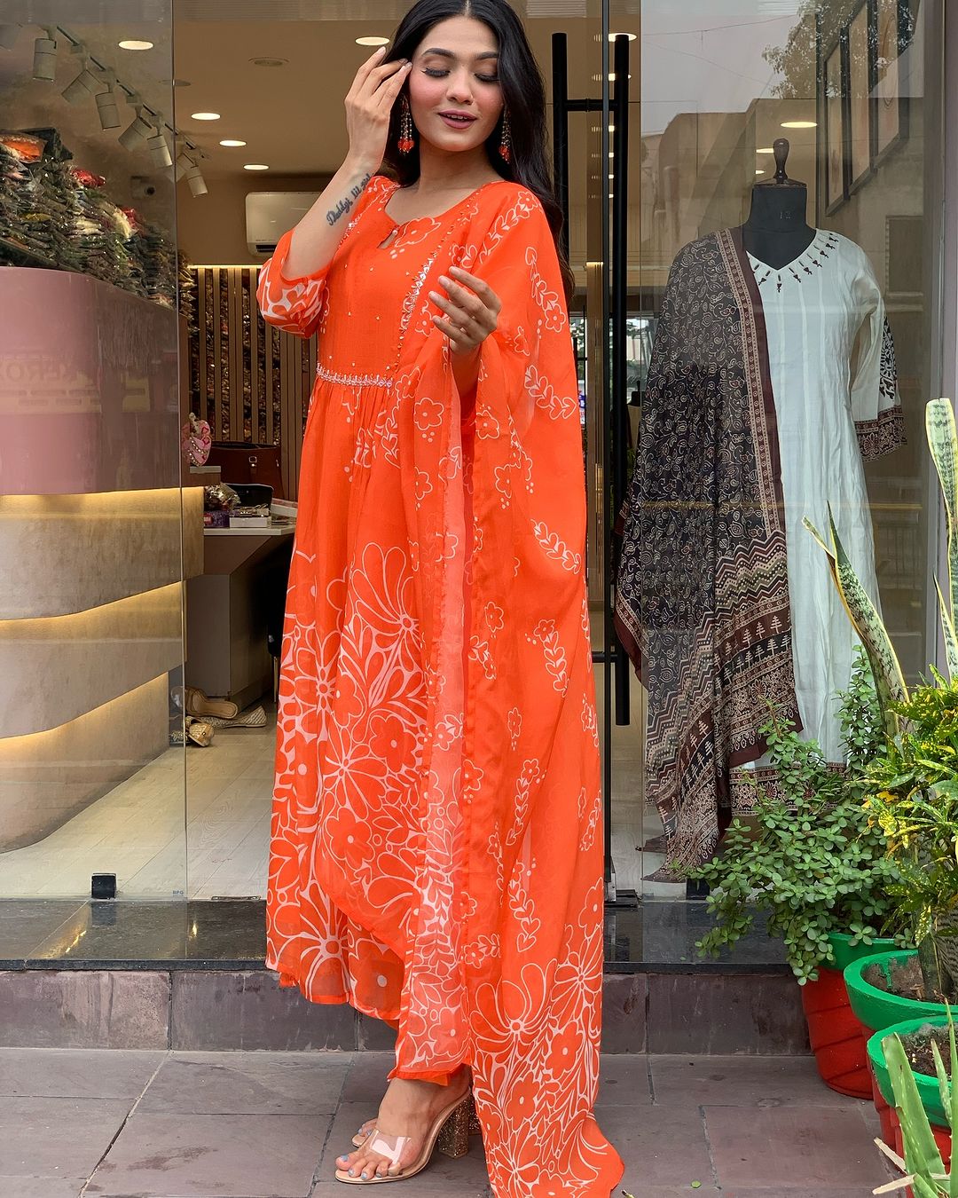 Teeya Creation Orange Color Faux Georgette With Digital Print And Embroidery Work Fully Stitched Kurti Set | Grocsy