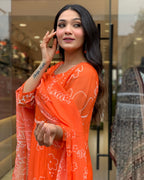 Teeya Creation Orange Color Faux Georgette With Digital Print And Embroidery Work Fully Stitched Kurti Set | Grocsy