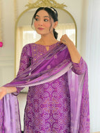 Teeya Creation Purple Color French Crepe With Digital Print And Embroidery Work Fully Stitched Kurti Set | Grocsy