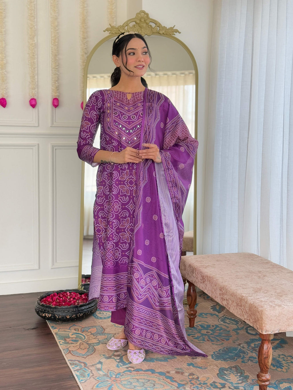 Teeya Creation Purple Color French Crepe With Digital Print And Embroidery Work Fully Stitched Kurti Set | Grocsy