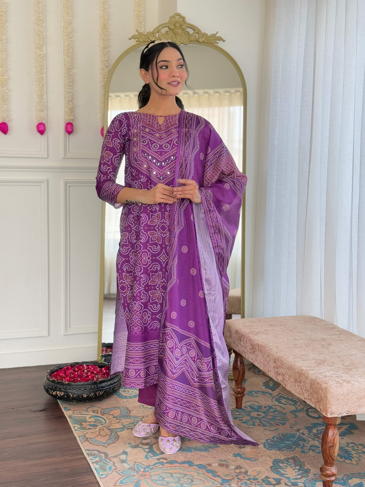 Teeya Creation Purple Color French Crepe With Digital Print And Embroidery Work Fully Stitched Kurti Set | Grocsy