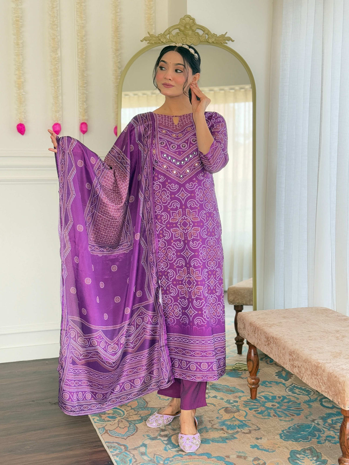 Teeya Creation Purple Color French Crepe With Digital Print And Embroidery Work Fully Stitched Kurti Set | Grocsy