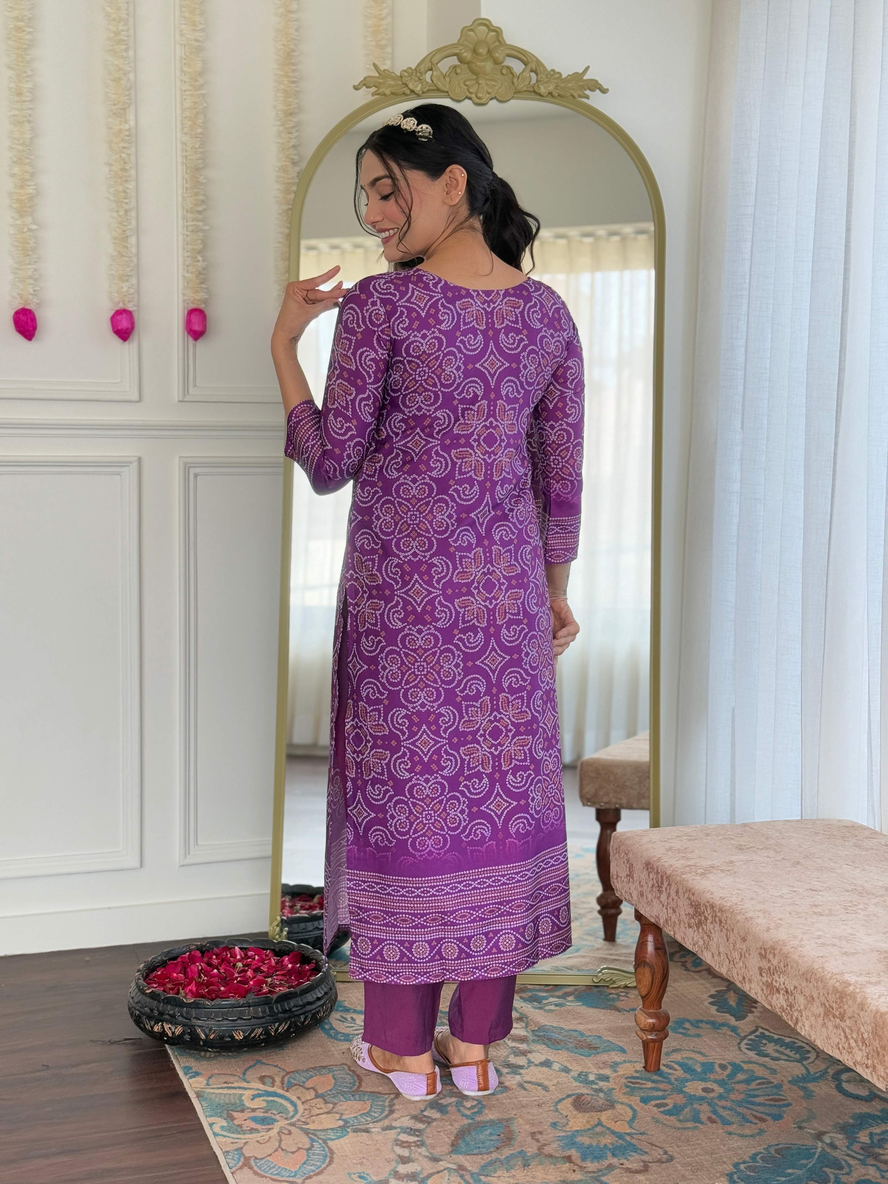 Teeya Creation Purple Color French Crepe With Digital Print And Embroidery Work Fully Stitched Kurti Set | Grocsy