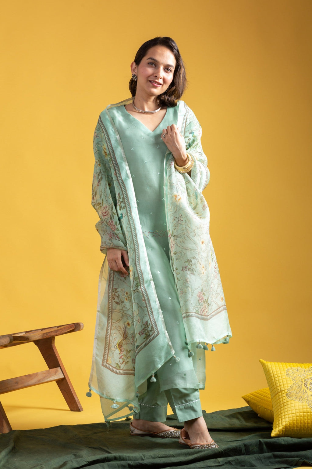 Teeya Creation Pista Green Color Viscose Chanderi Embroidery Work Fully Stitched Kurti Set | Grocsy