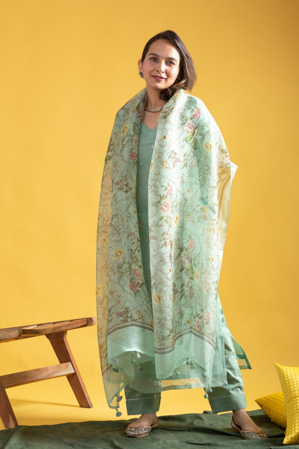 Teeya Creation Pista Green Color Viscose Chanderi Embroidery Work Fully Stitched Kurti Set | Grocsy