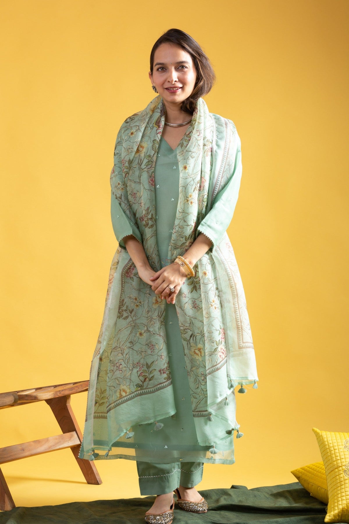 Teeya Creation Pista Green Color Viscose Chanderi Embroidery Work Fully Stitched Kurti Set | Grocsy