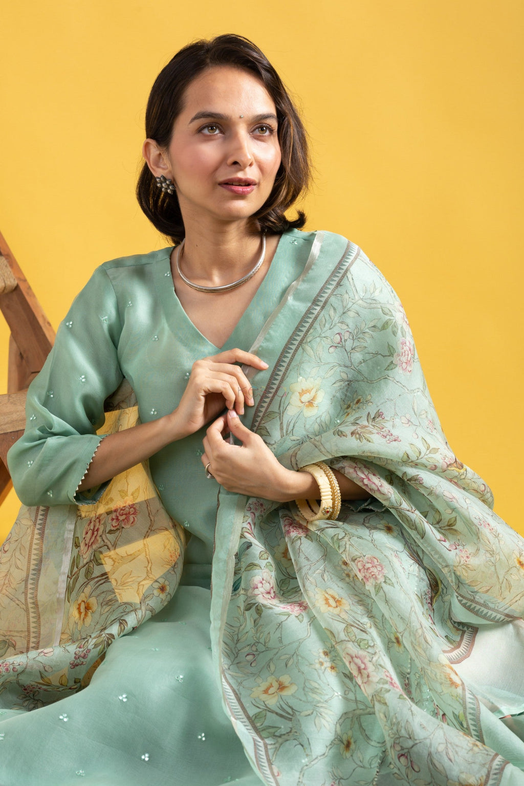 Teeya Creation Pista Green Color Viscose Chanderi Embroidery Work Fully Stitched Kurti Set | Grocsy