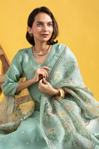 Teeya Creation Pista Green Color Viscose Chanderi Embroidery Work Fully Stitched Kurti Set | Grocsy