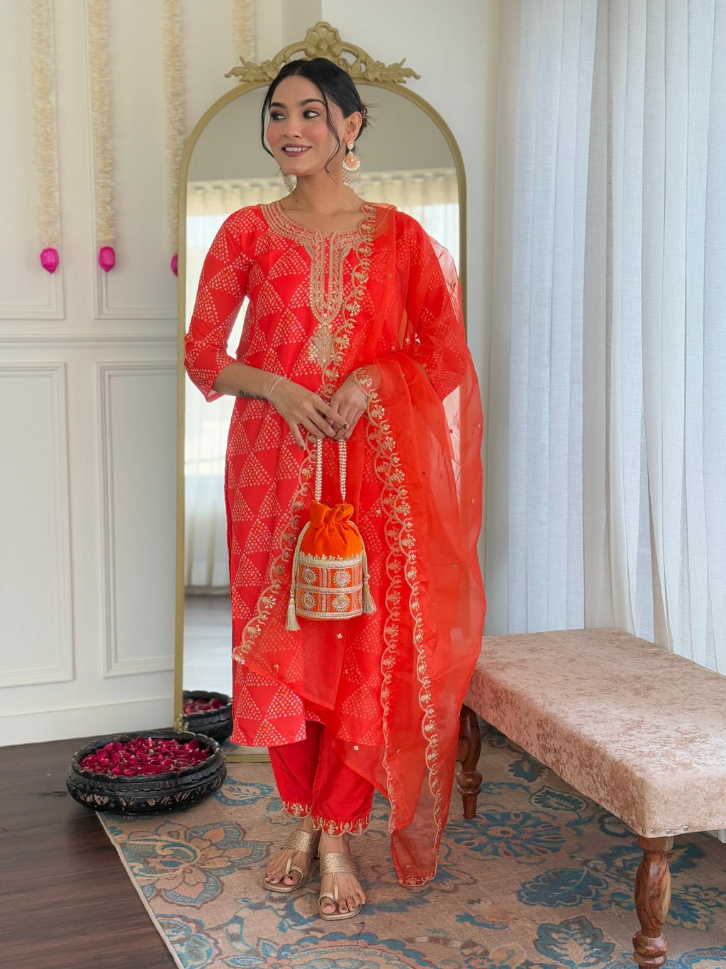 The52 Red French Crepe Fabric Straight Kurta, Pant and Dupatta Set | Grocsy