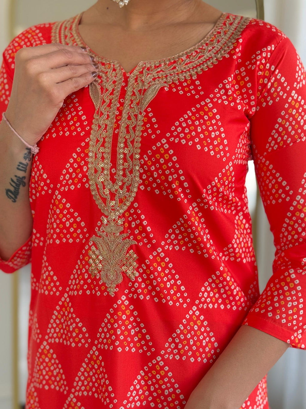 The52 Red French Crepe Fabric Straight Kurta, Pant and Dupatta Set | Grocsy