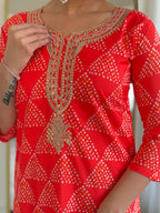 The52 Red French Crepe Fabric Straight Kurta, Pant and Dupatta Set | Grocsy