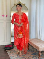 The52 Red French Crepe Fabric Straight Kurta, Pant and Dupatta Set | Grocsy