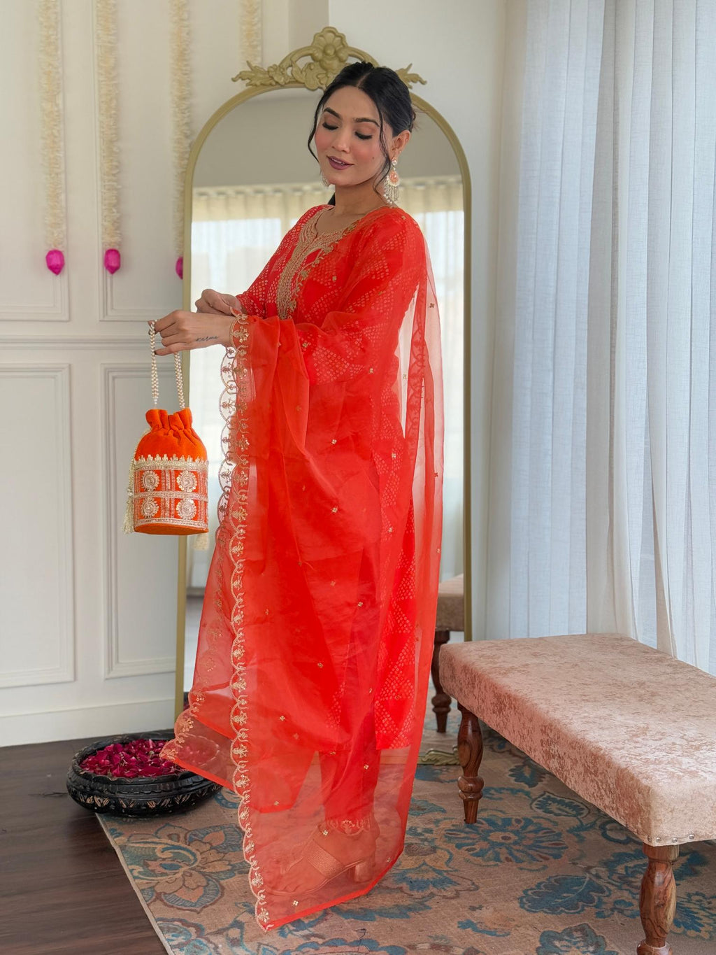 The52 Red French Crepe Fabric Straight Kurta, Pant and Dupatta Set | Grocsy