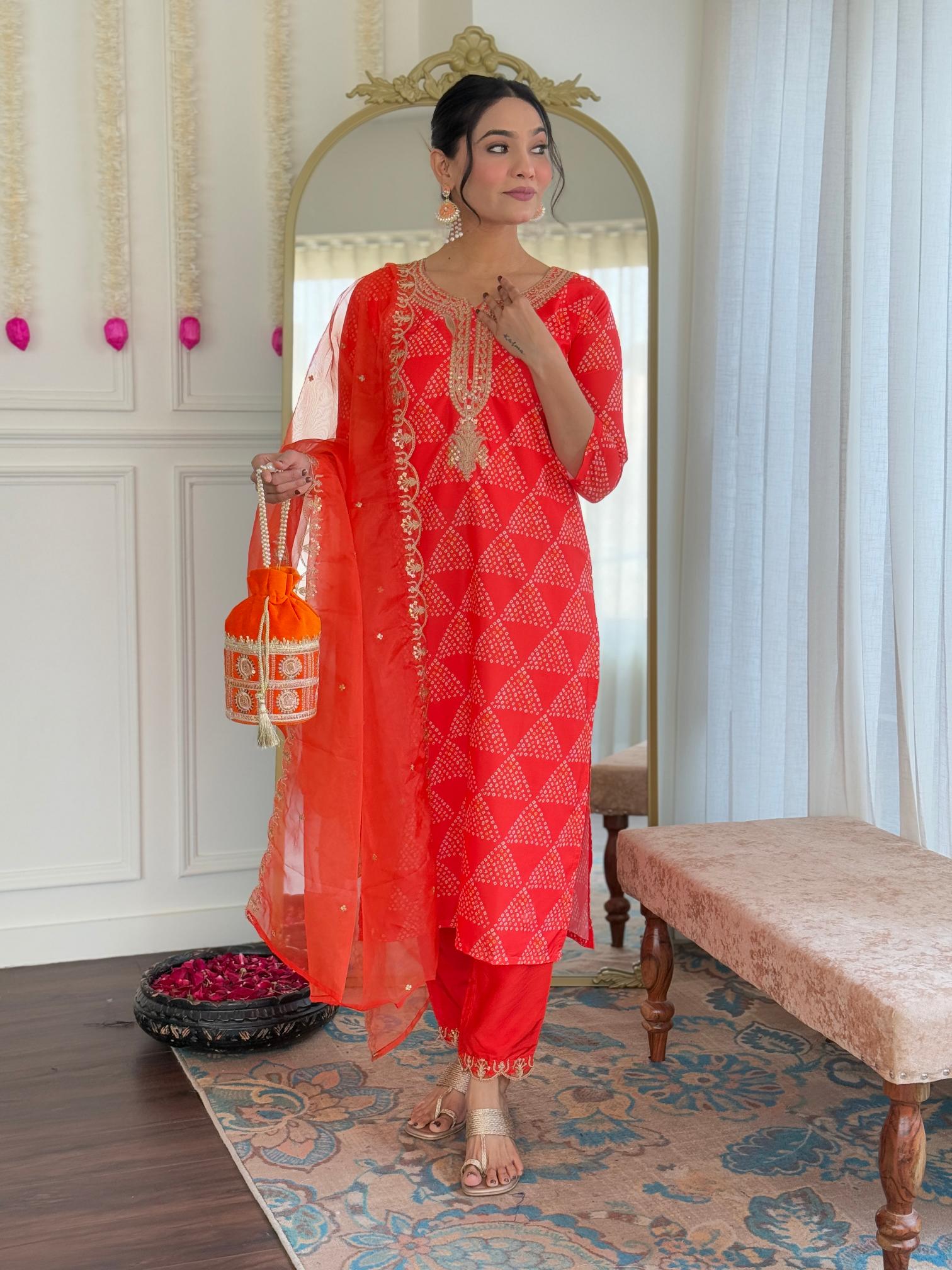 The52 Red French Crepe Fabric Straight Kurta, Pant and Dupatta Set | Grocsy