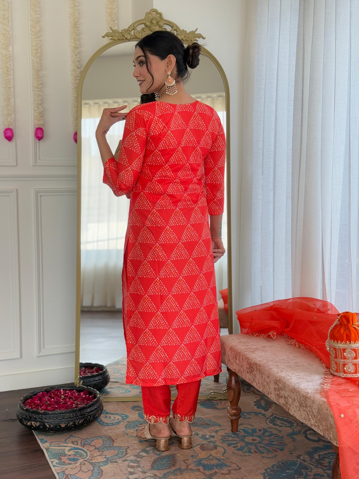 The52 Red French Crepe Fabric Straight Kurta, Pant and Dupatta Set | Grocsy
