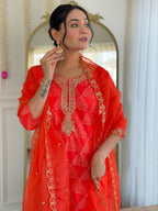 The52 Red French Crepe Fabric Straight Kurta, Pant and Dupatta Set | Grocsy