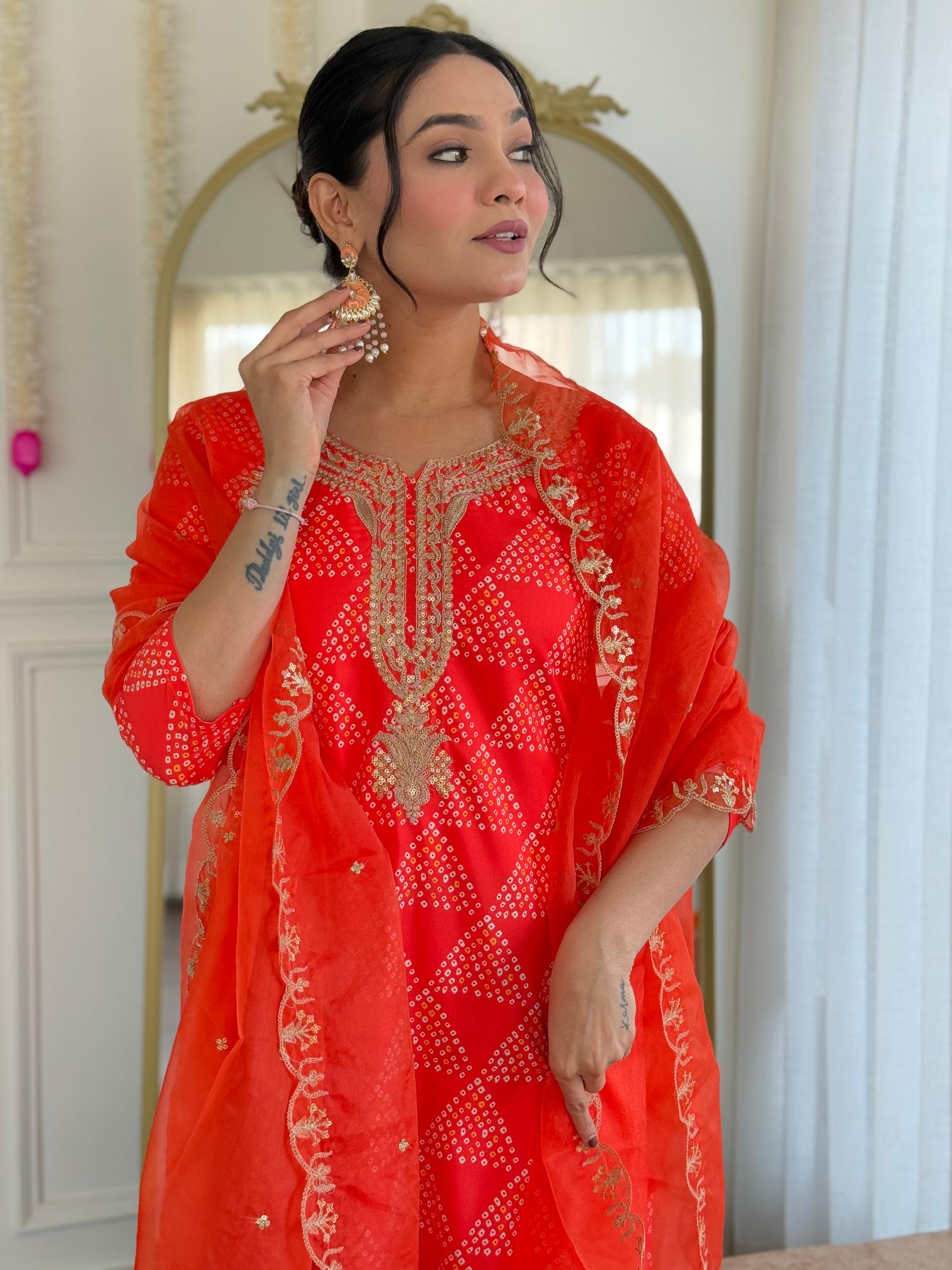 The52 Red French Crepe Fabric Straight Kurta, Pant and Dupatta Set | Grocsy