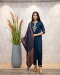 The52 Women's Gorgeous Chanderi Silk Embroidery Straight Kurta with Pant and Dupatta Set | Grocsy