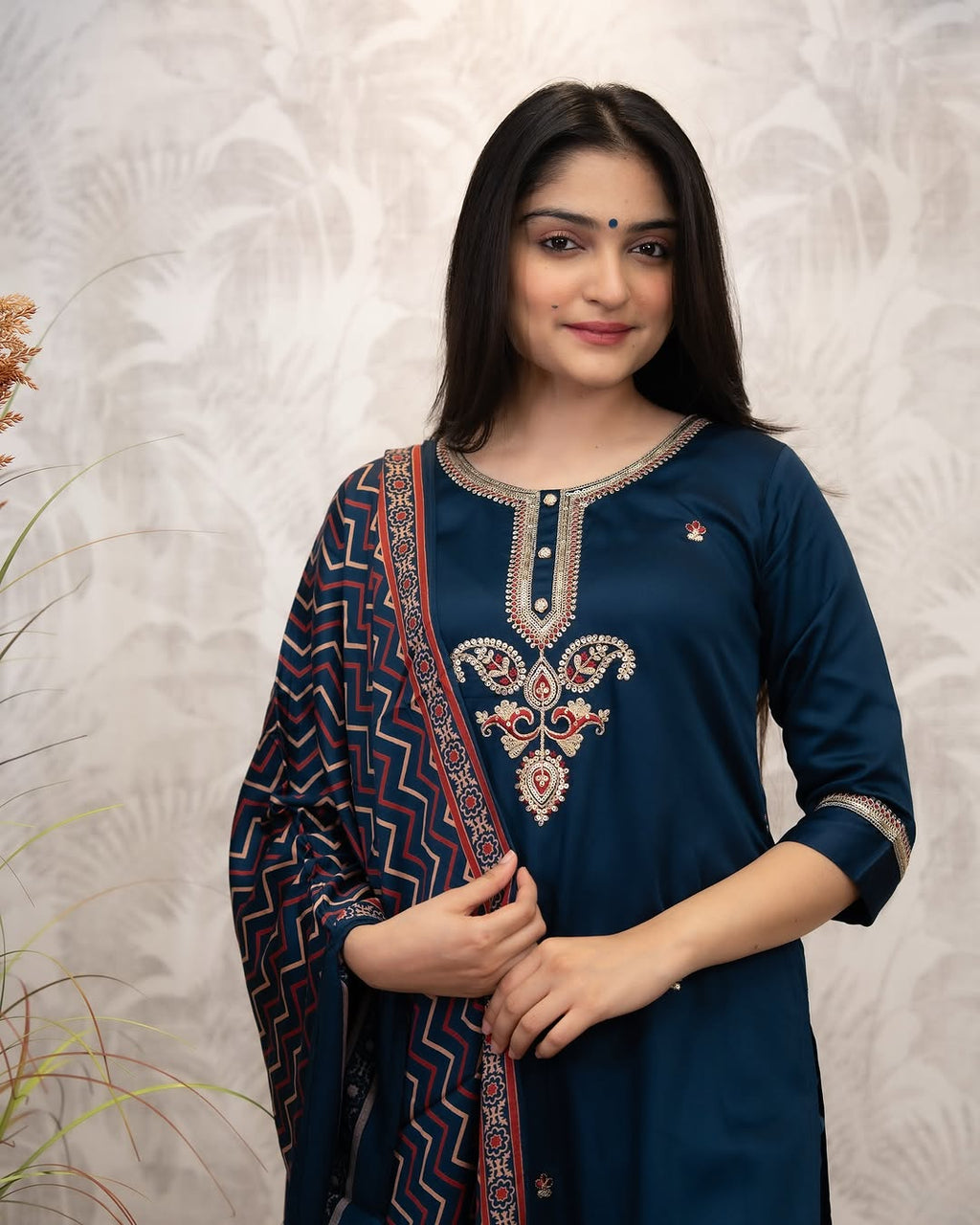 The52 Women's Gorgeous Chanderi Silk Embroidery Straight Kurta with Pant and Dupatta Set | Grocsy