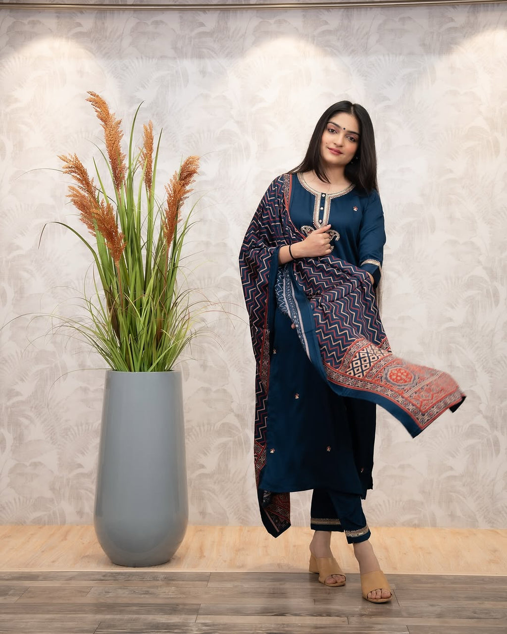 The52 Women's Gorgeous Chanderi Silk Embroidery Straight Kurta with Pant and Dupatta Set | Grocsy