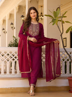Teeya Creation Maroon Color Rayon Embroidery Work Fully Stitched Kurti Set | Grocsy