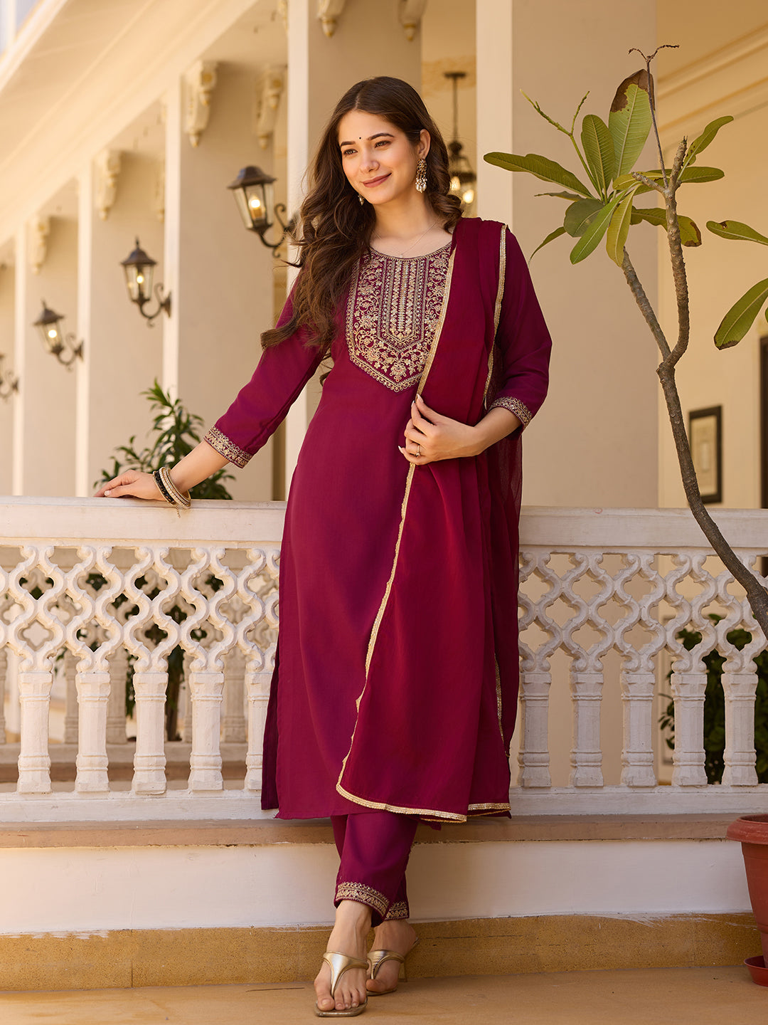 Teeya Creation Maroon Color Rayon Embroidery Work Fully Stitched Kurti Set | Grocsy