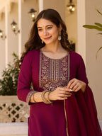 Teeya Creation Maroon Color Rayon Embroidery Work Fully Stitched Kurti Set | Grocsy
