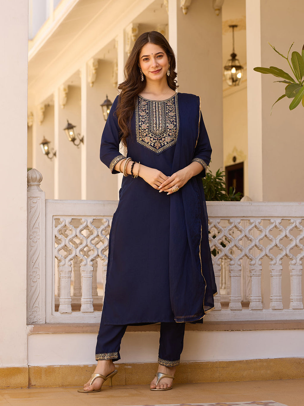 Teeya Creation Navy Blue Color Rayon Embroidery Work Fully Stitched Kurti Set | Grocsy