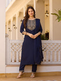 Teeya Creation Navy Blue Color Rayon Embroidery Work Fully Stitched Kurti Set | Grocsy