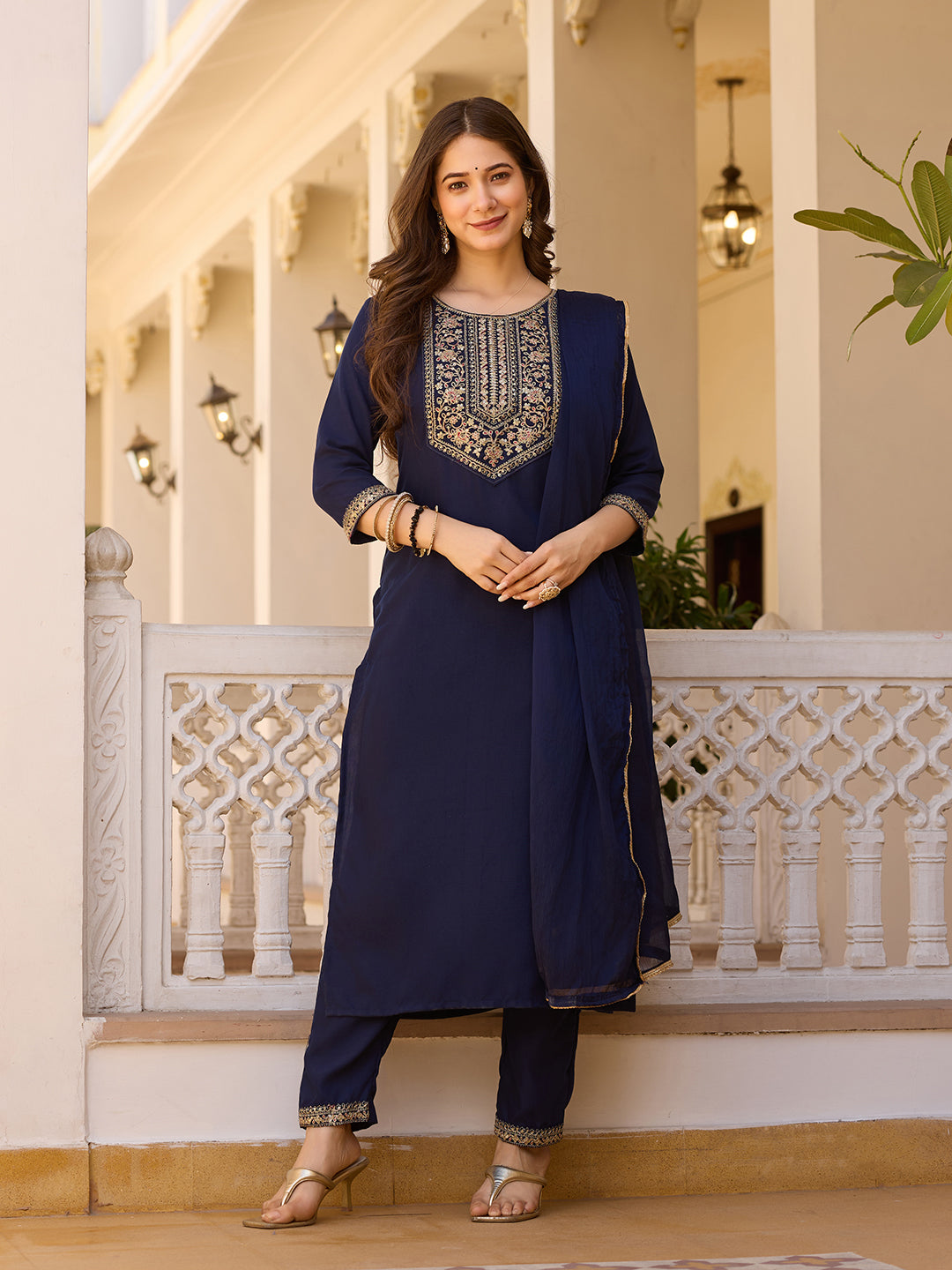 Teeya Creation Navy Blue Color Rayon Embroidery Work Fully Stitched Kurti Set | Grocsy