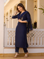 Teeya Creation Navy Blue Color Rayon Embroidery Work Fully Stitched Kurti Set | Grocsy
