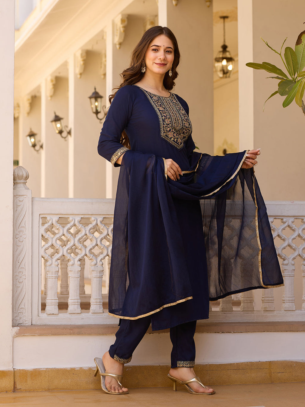 Teeya Creation Navy Blue Color Rayon Embroidery Work Fully Stitched Kurti Set | Grocsy