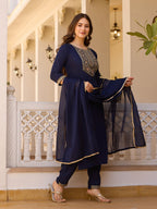 Teeya Creation Navy Blue Color Rayon Embroidery Work Fully Stitched Kurti Set | Grocsy