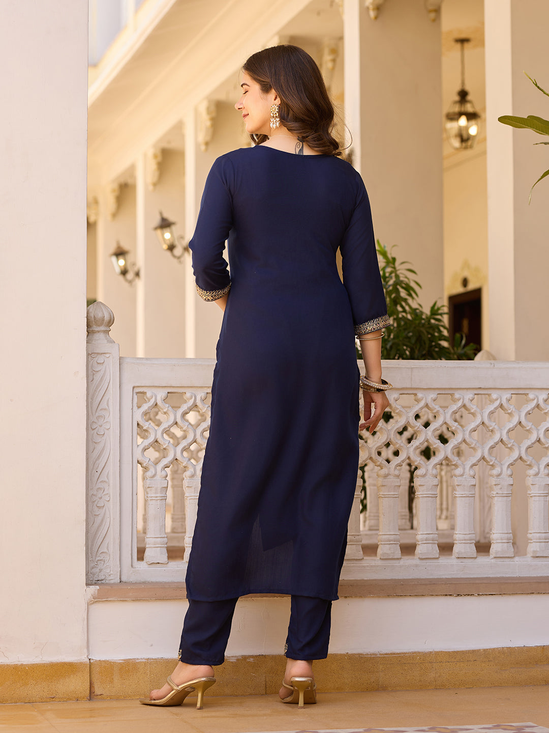Teeya Creation Navy Blue Color Rayon Embroidery Work Fully Stitched Kurti Set | Grocsy