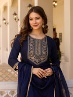 Teeya Creation Navy Blue Color Rayon Embroidery Work Fully Stitched Kurti Set | Grocsy