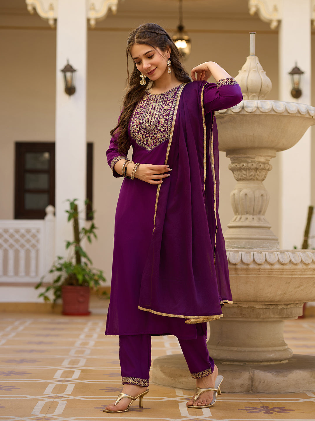 Teeya Creation Wine Color Rayon Embroidery Work Fully Stitched Kurti Set | Grocsy