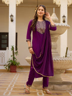 Teeya Creation Wine Color Rayon Embroidery Work Fully Stitched Kurti Set | Grocsy