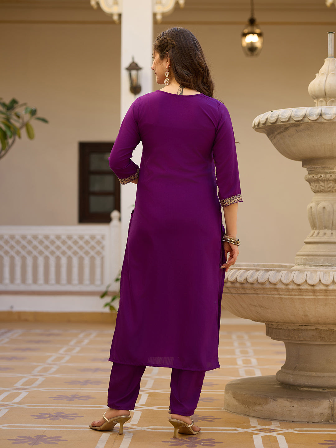 Teeya Creation Wine Color Rayon Embroidery Work Fully Stitched Kurti Set | Grocsy