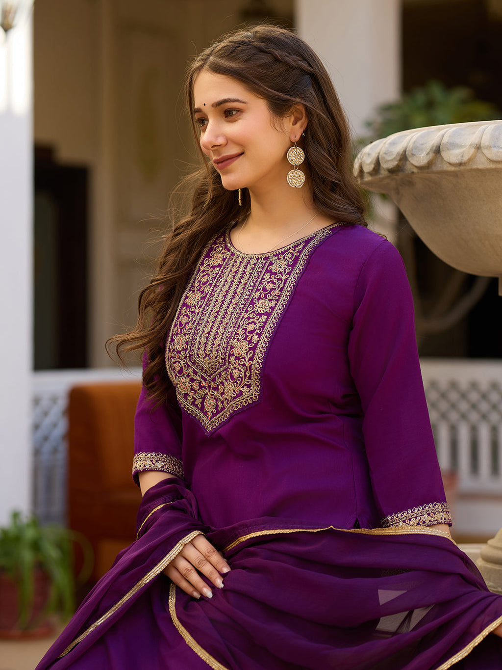 Teeya Creation Wine Color Rayon Embroidery Work Fully Stitched Kurti Set | Grocsy