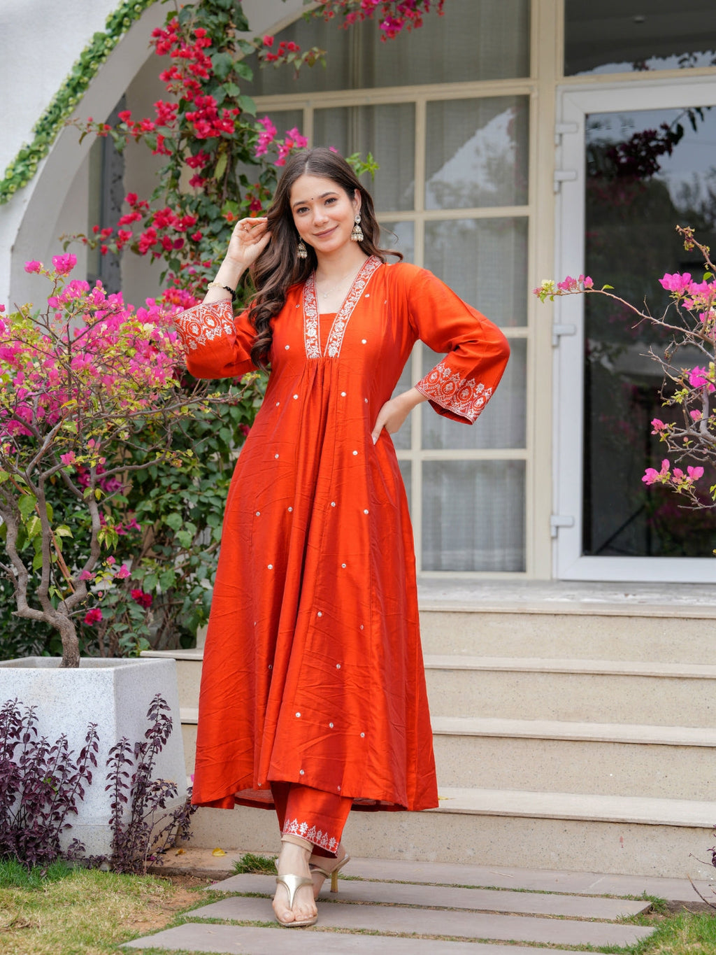 The52 Women Beautiful Viscose Chanderi Fabric Flared Kurta, Pant and Dupatta Set | Grocsy