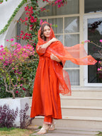 The52 Women Beautiful Viscose Chanderi Fabric Flared Kurta, Pant and Dupatta Set | Grocsy