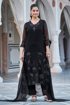 The52 Women's Gorgeous Fox Georgette Embroidery Straight Kurta with Pant and Dupatta Set | Grocsy