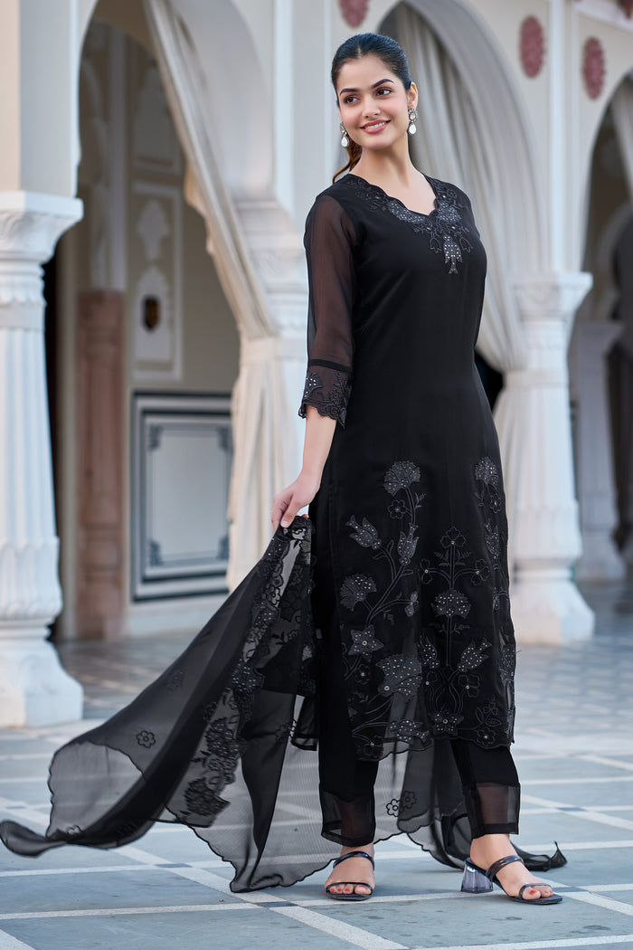 The52 Women's Gorgeous Fox Georgette Embroidery Straight Kurta with Pant and Dupatta Set | Grocsy
