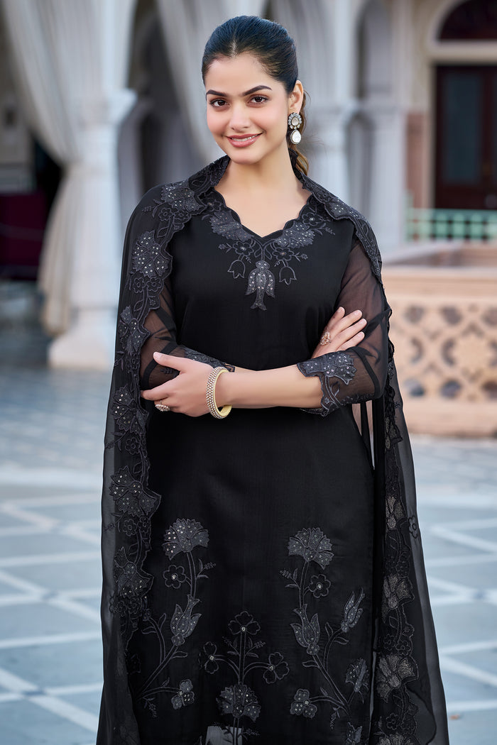 The52 Women's Gorgeous Fox Georgette Embroidery Straight Kurta with Pant and Dupatta Set | Grocsy