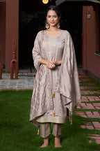 The52 Women's Gorgeous Vichitra Silk Embroidery Straight Kurta with Pant and Dupatta Set | Grocsy